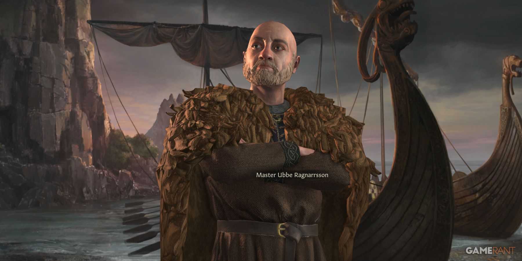 Mestre Ubbe Ragnarsson à beira-mar, pronto para embarcar em um ataque como aventureiros sem terra em Crusader Kings 3