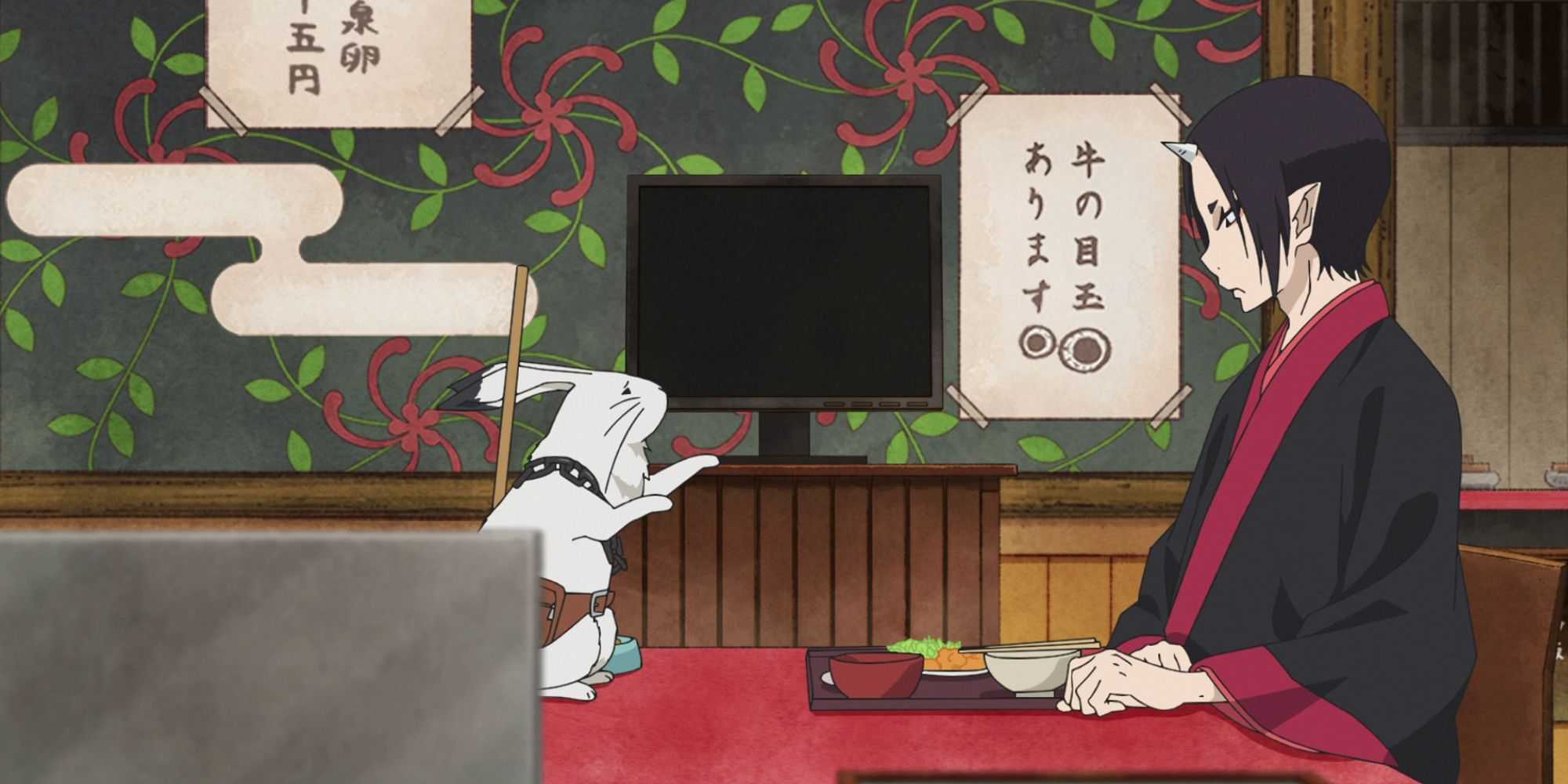 Hozuki's Coolheadedness a character looks at a rabbit