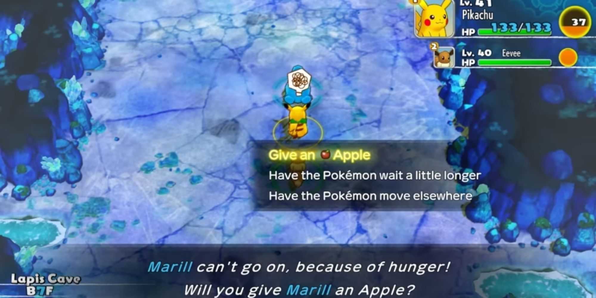 Pikachu feeding a hungry Marill