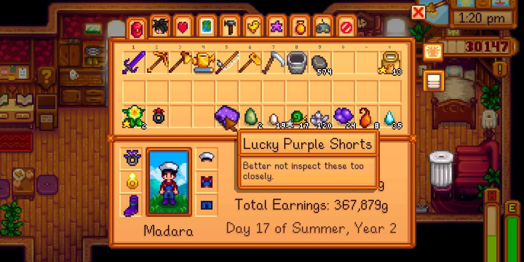 A descrição do jogo de Lucky Purple Shorts em Stardew Valley