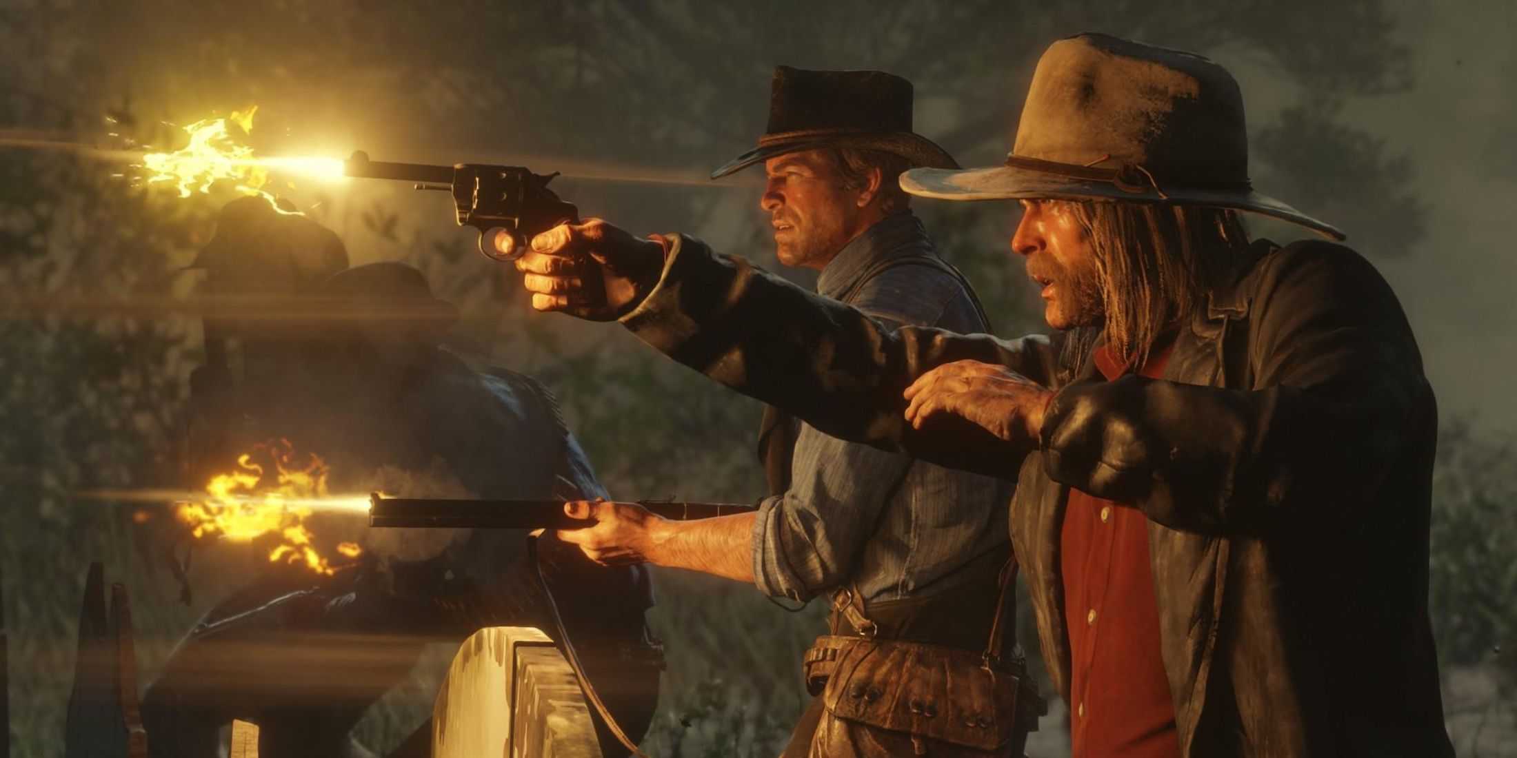 Micah Bell and Arthur Morgan firing their weapons over the top of a wall