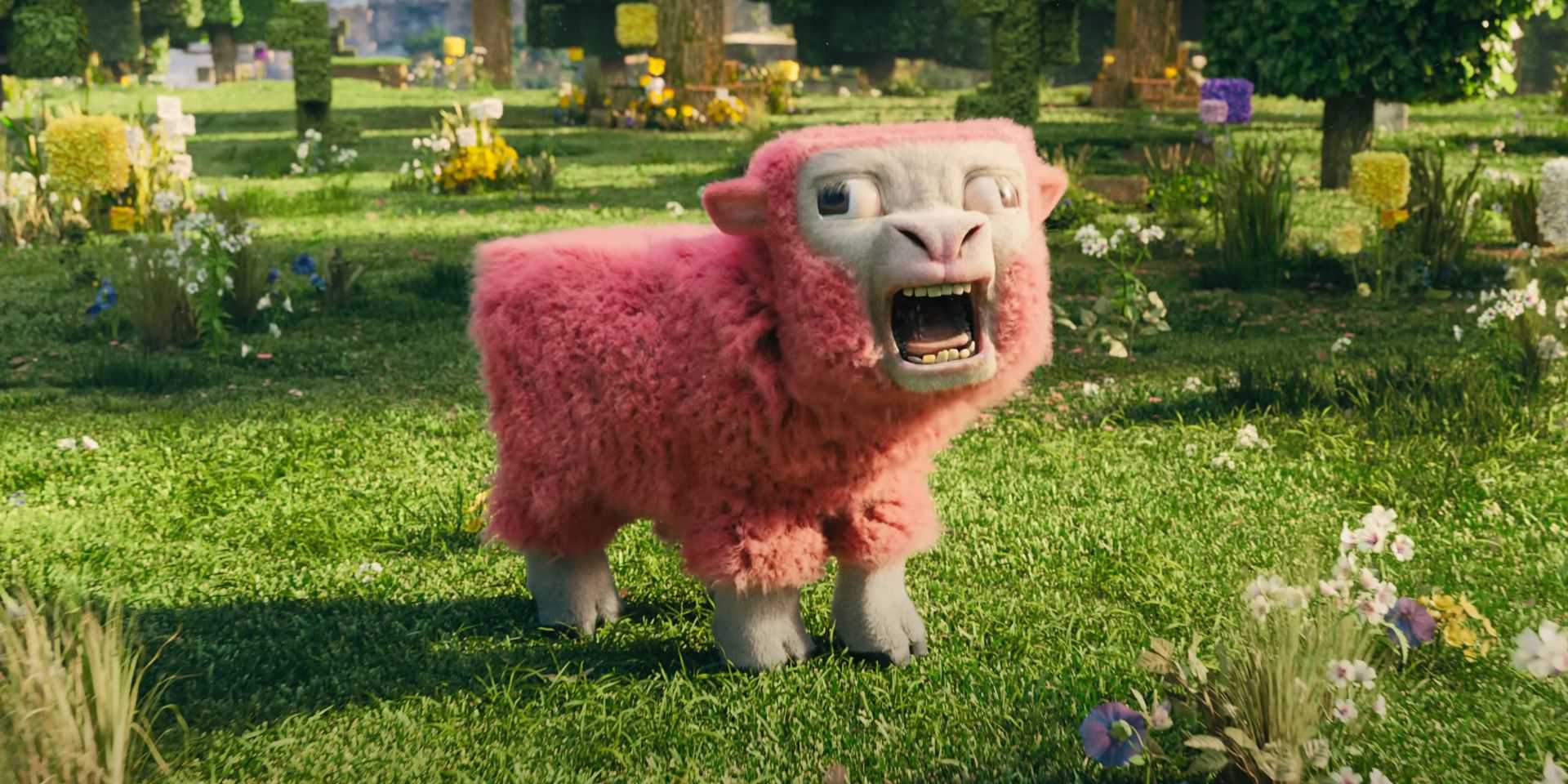 A screenshot from the Minecraft Movie teaser showing a Pink Sheep standing on grass