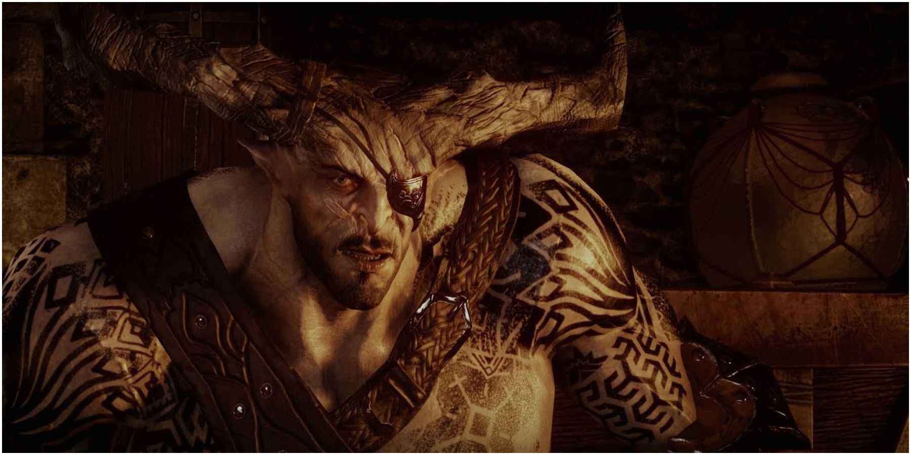 A close up of The Iron Bull from Dragon Age: Inquisition 