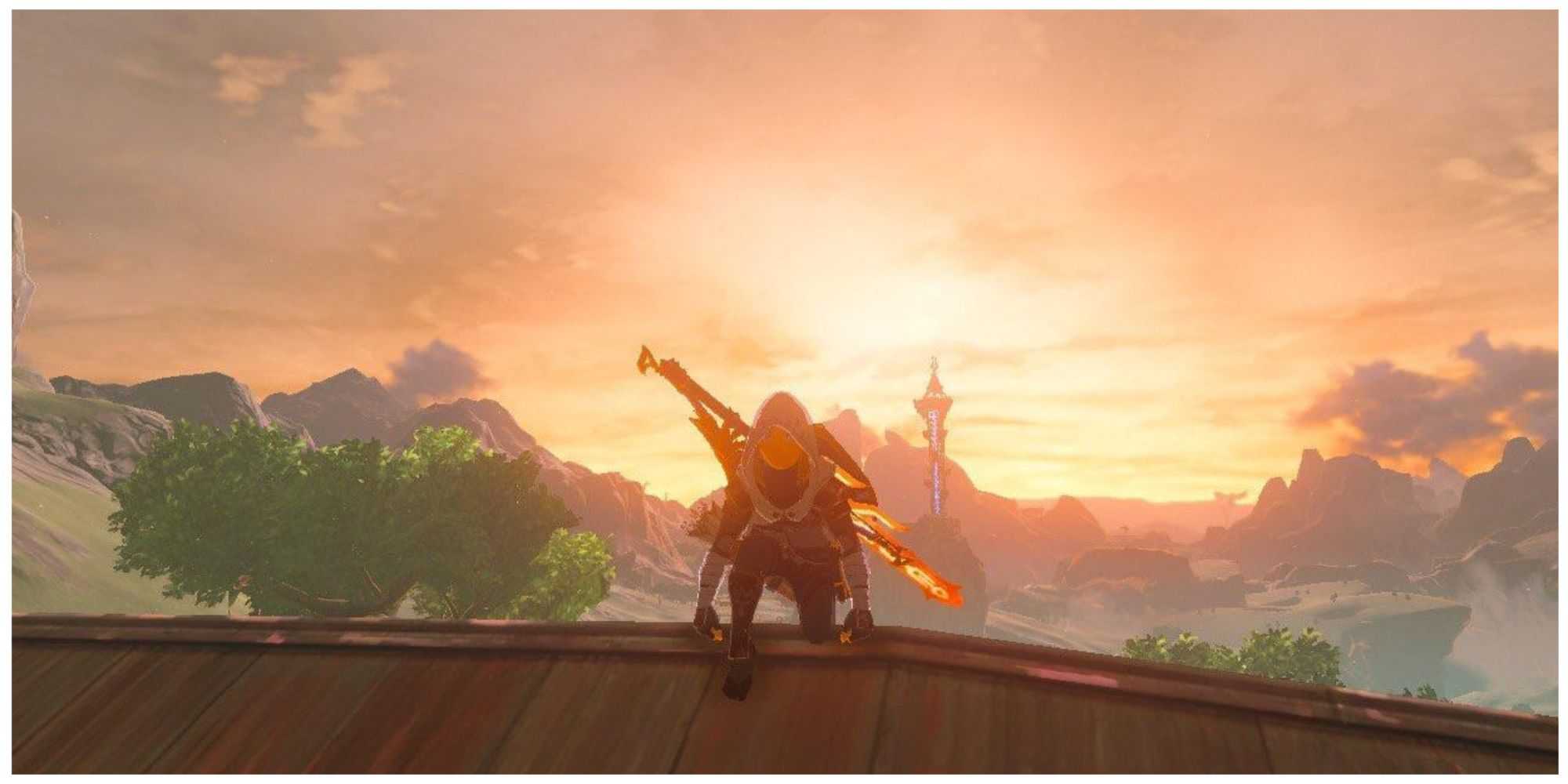 Screenshot of Link from breath of the wild with mountains and sunset backdrop