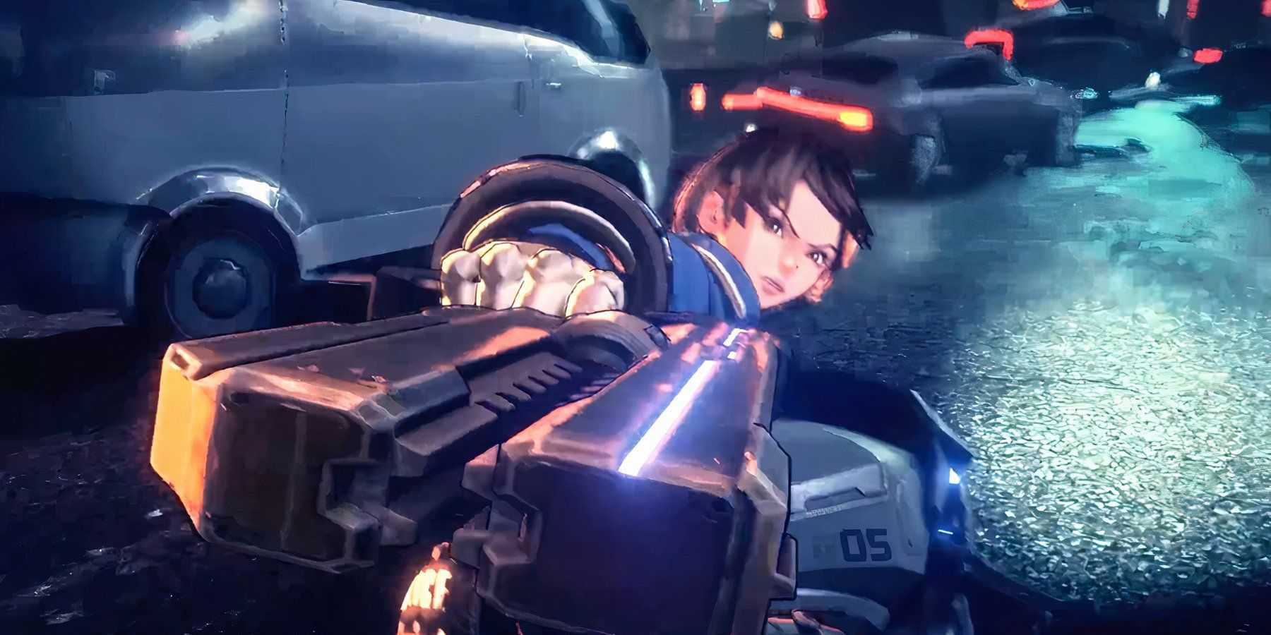 protagonist of astral chain pointing a gun behind her