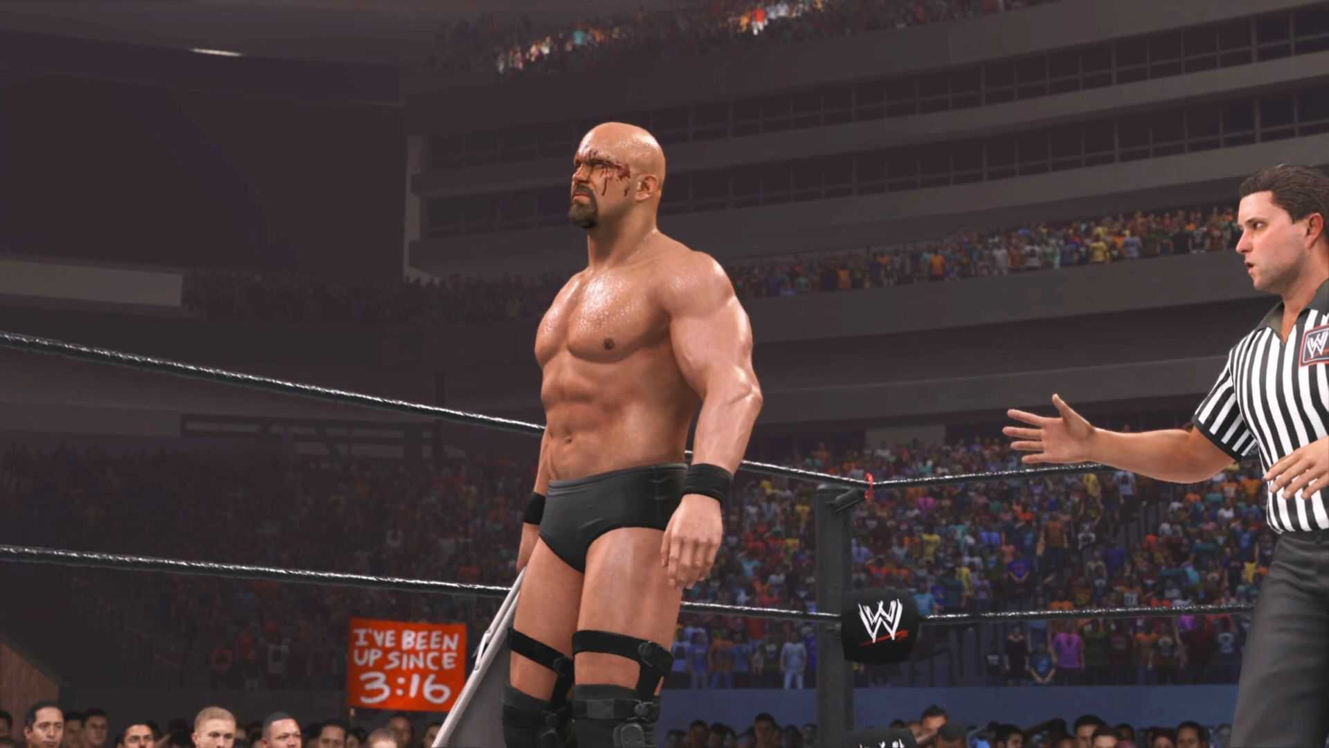 Stone Cold Steve Austin segurando uma cadeira com a cabeça sangrando no WWE 2K24