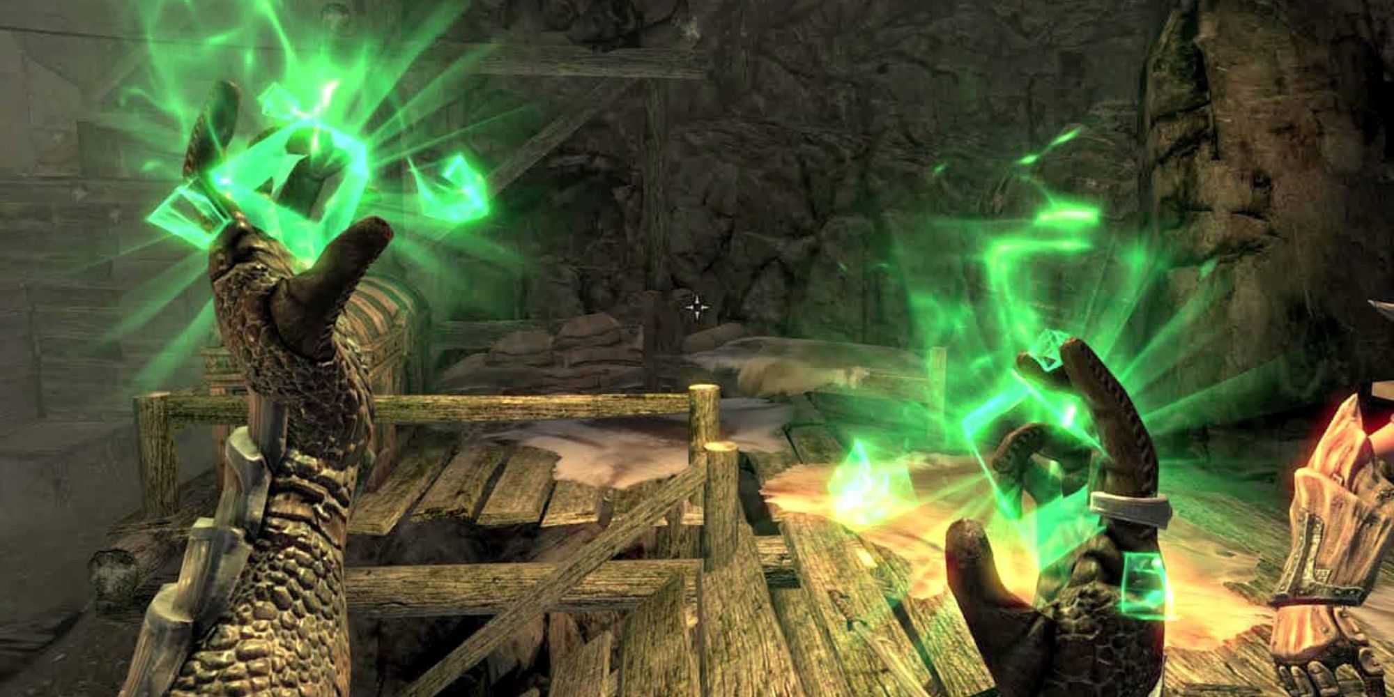 Skyrim lançando feitiço de transmutação em primeira pessoa