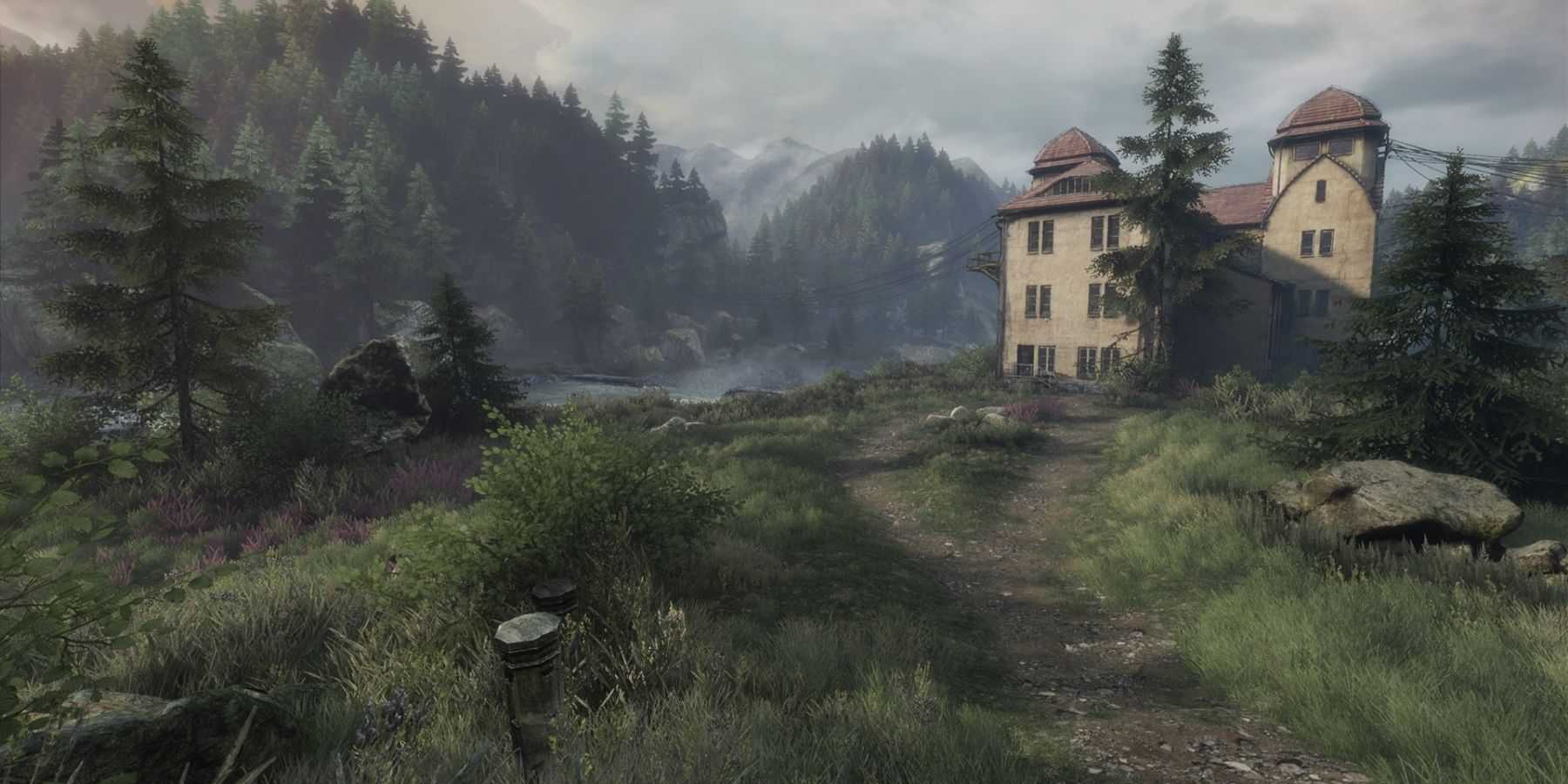 uma casa pitoresca nas montanhas no desaparecimento de Ethan Carter