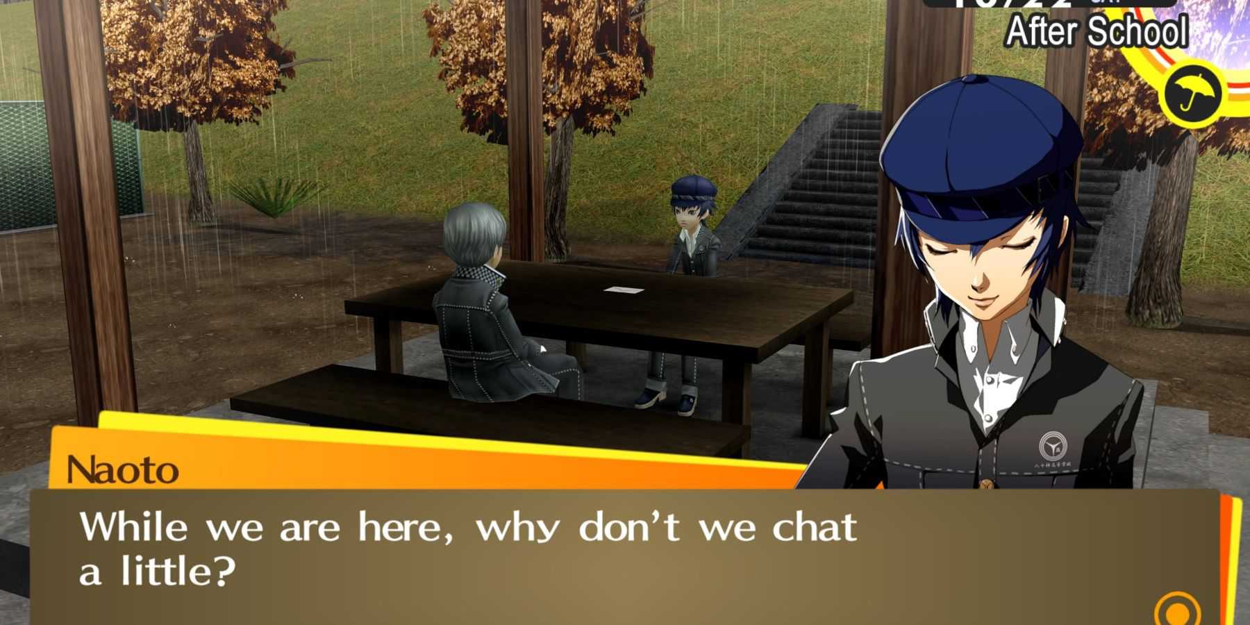 Naoto from Persona 4 sitting across from Yu on a picnic bench saying 