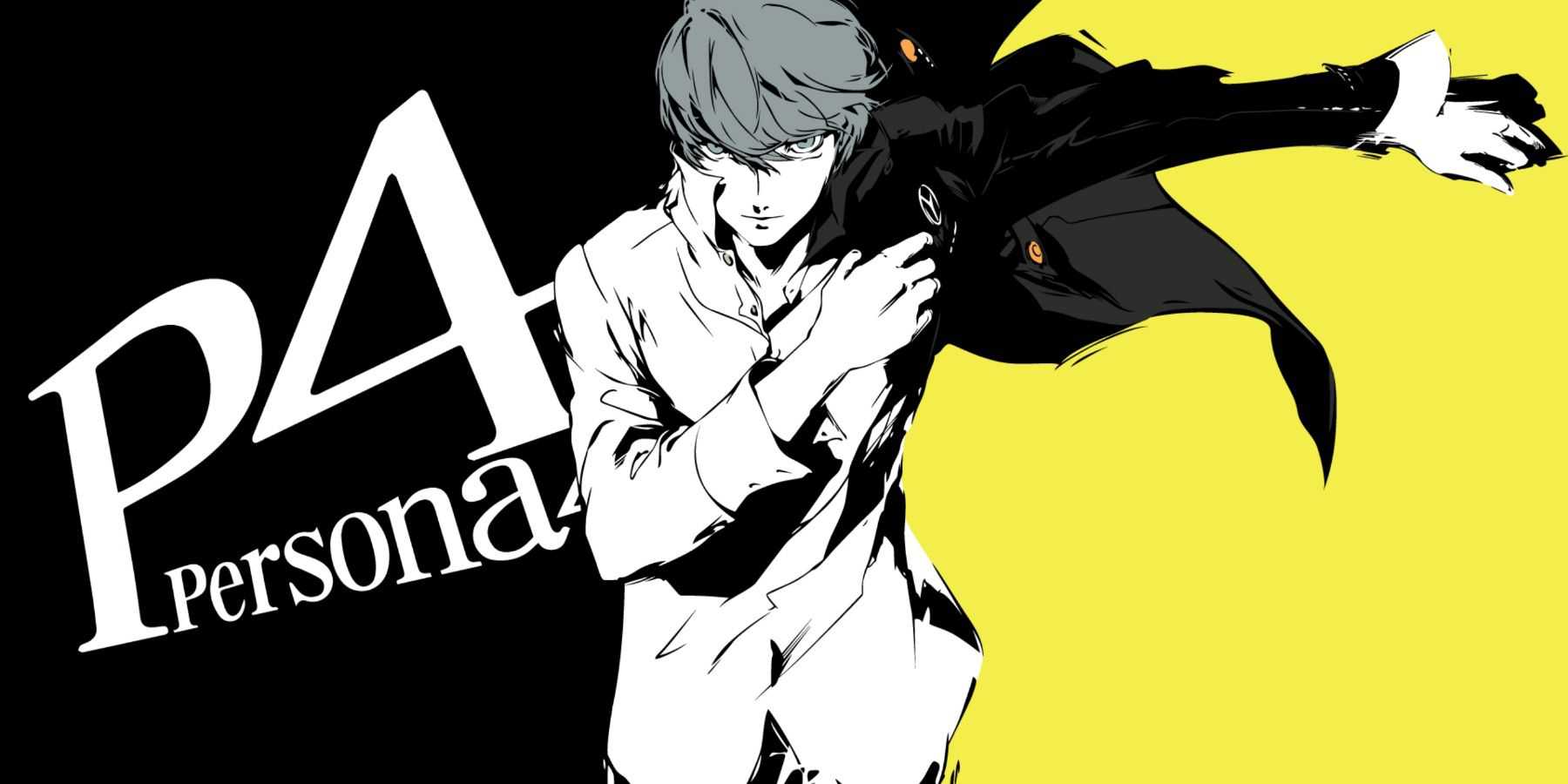 Yu from Persona 4 standing in front of a split yellow and black background with the game title on the left