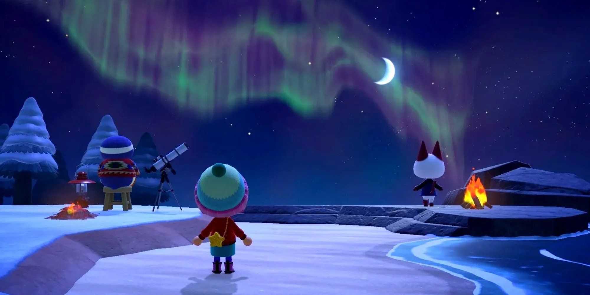 Uma aurora boreal em Animal Crossing: New Horizons