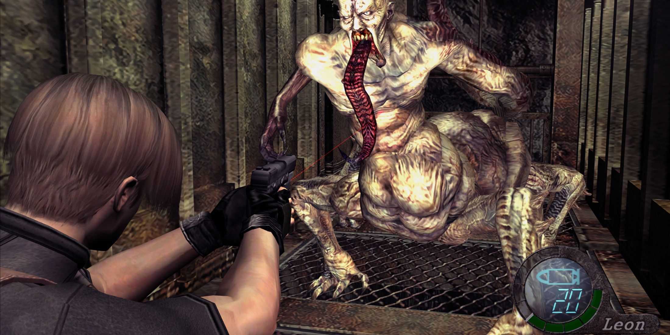 Resident Evil 4 - Leon Kennedy fighting a four-legged, two-armed mutant with a freakishly long tongue