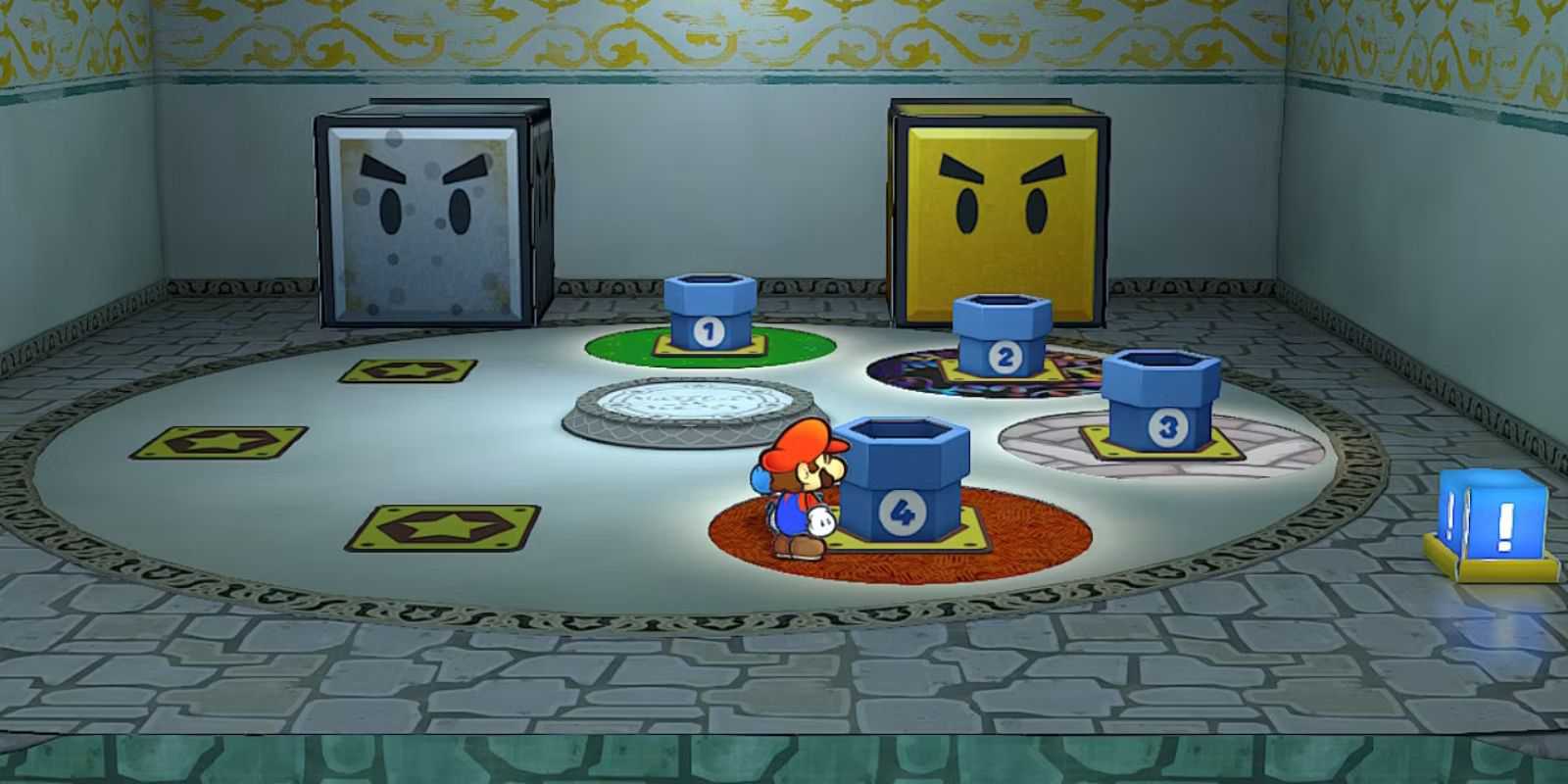 Imagem de Mario em frente ao Pipe 4 na Pipe Room em Paper Mario TTYD