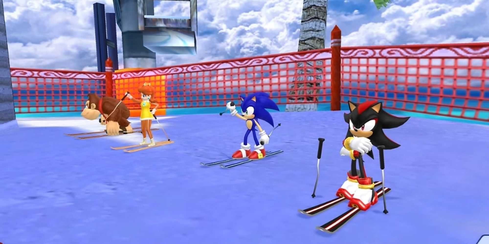 Sonic, Shadow, Donkey Kong, and Daisy Skiing