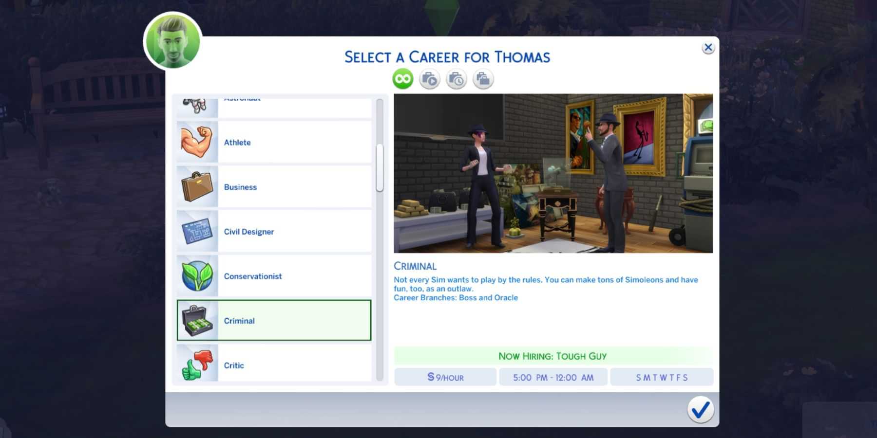 como escolher carreira criminosa sims 4