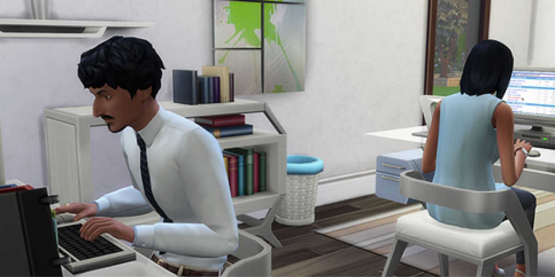 dois sims usando computadores no the sims 4