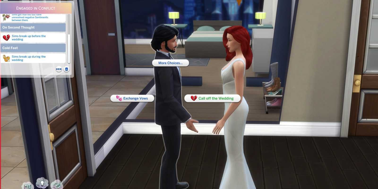 O personagem do The Sims 4 tem a opção de cancelar o casamento durante a cerimônia para completar o cenário Engajado em Conflito.