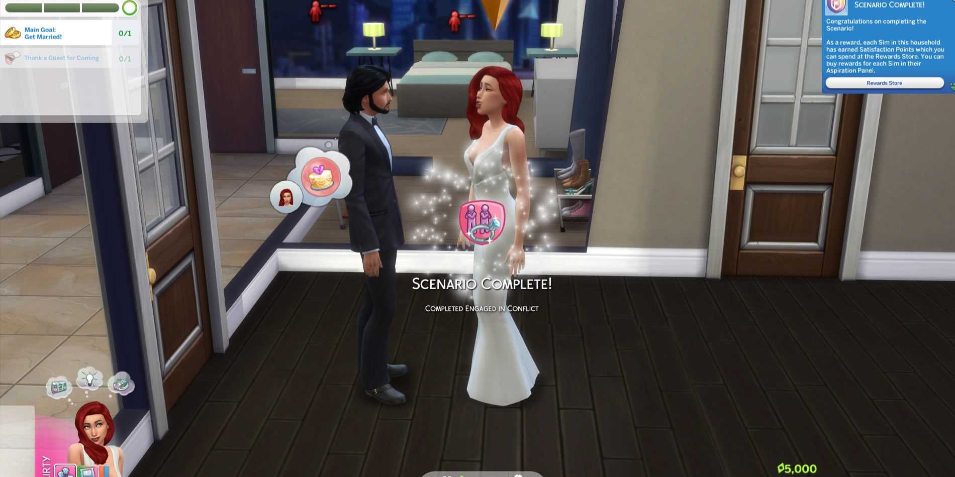 O personagem do The Sims 4 cancelou o casamento para completar o cenário Envolvido em Conflito e recebeu 5.000 Pontos de Satisfação.