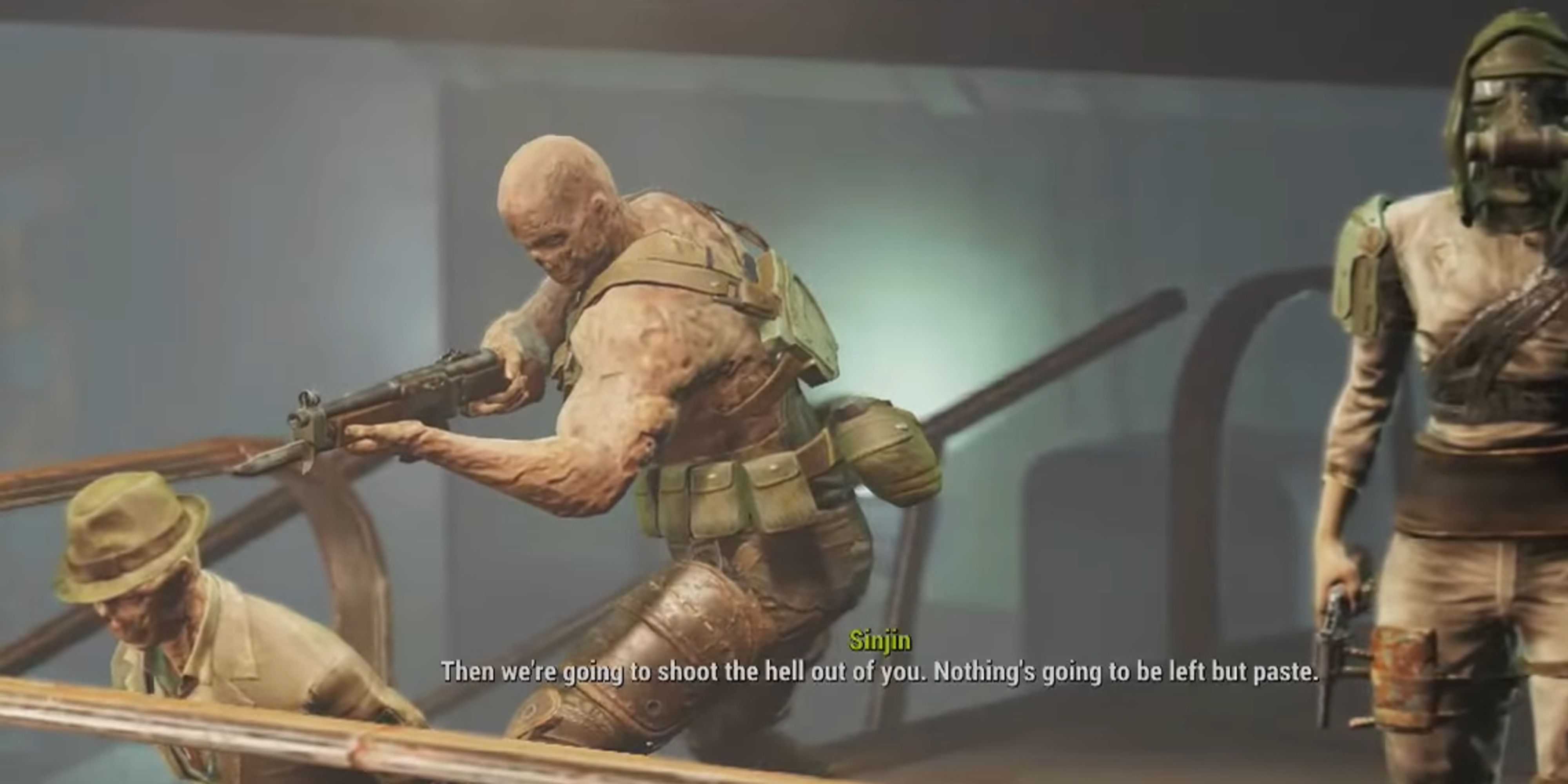 Kent Connolly being held hostage by Sinjin during The Silver Shroud side quest in Fallout 4.