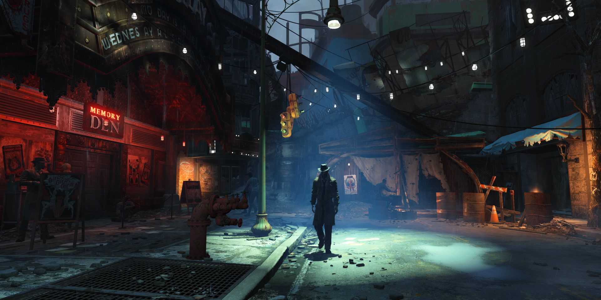 O detetive de sintetizadores, Nick Valentine, caminhando nas sombras em Fallout 4