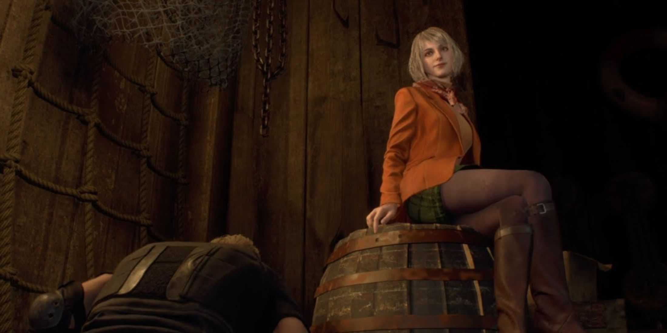 Ashley Graham sitting on a barrel as Leon Kennedy bows