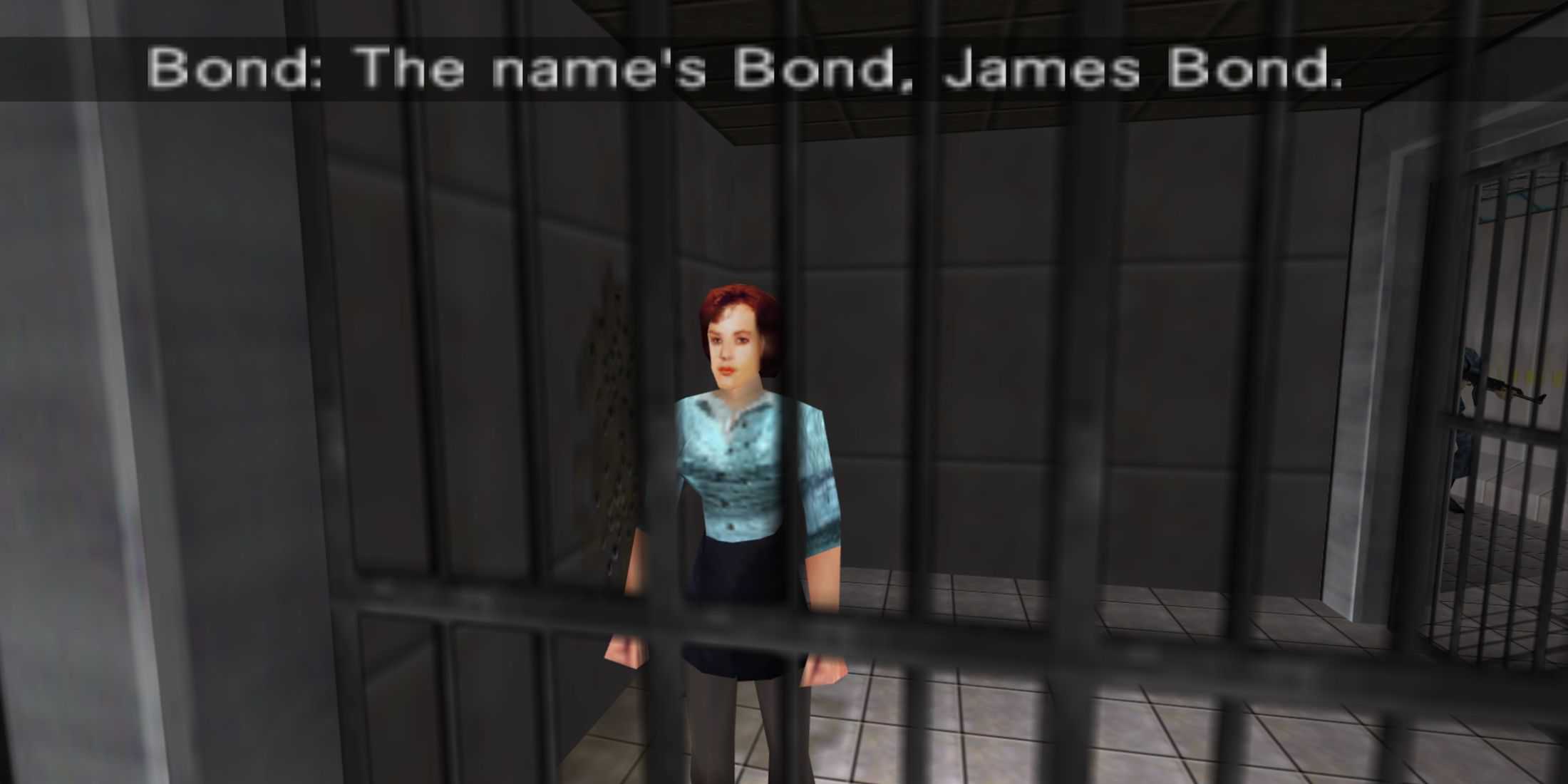 Goldeneye 007 - James Bond introducing himself to Natalya, who stands inside a jail cell