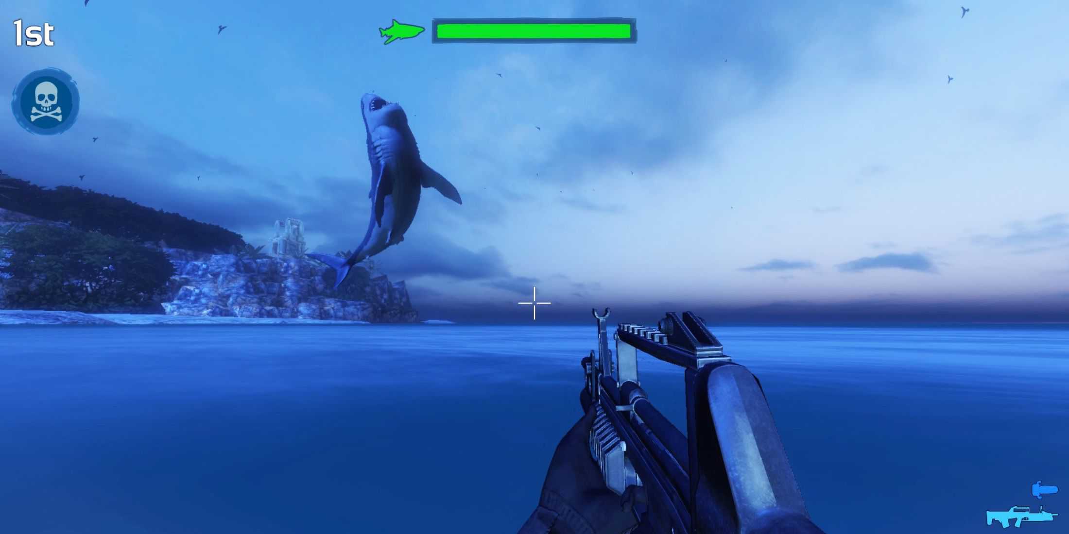 A shark leaping out of the ocean as the player wields a gun