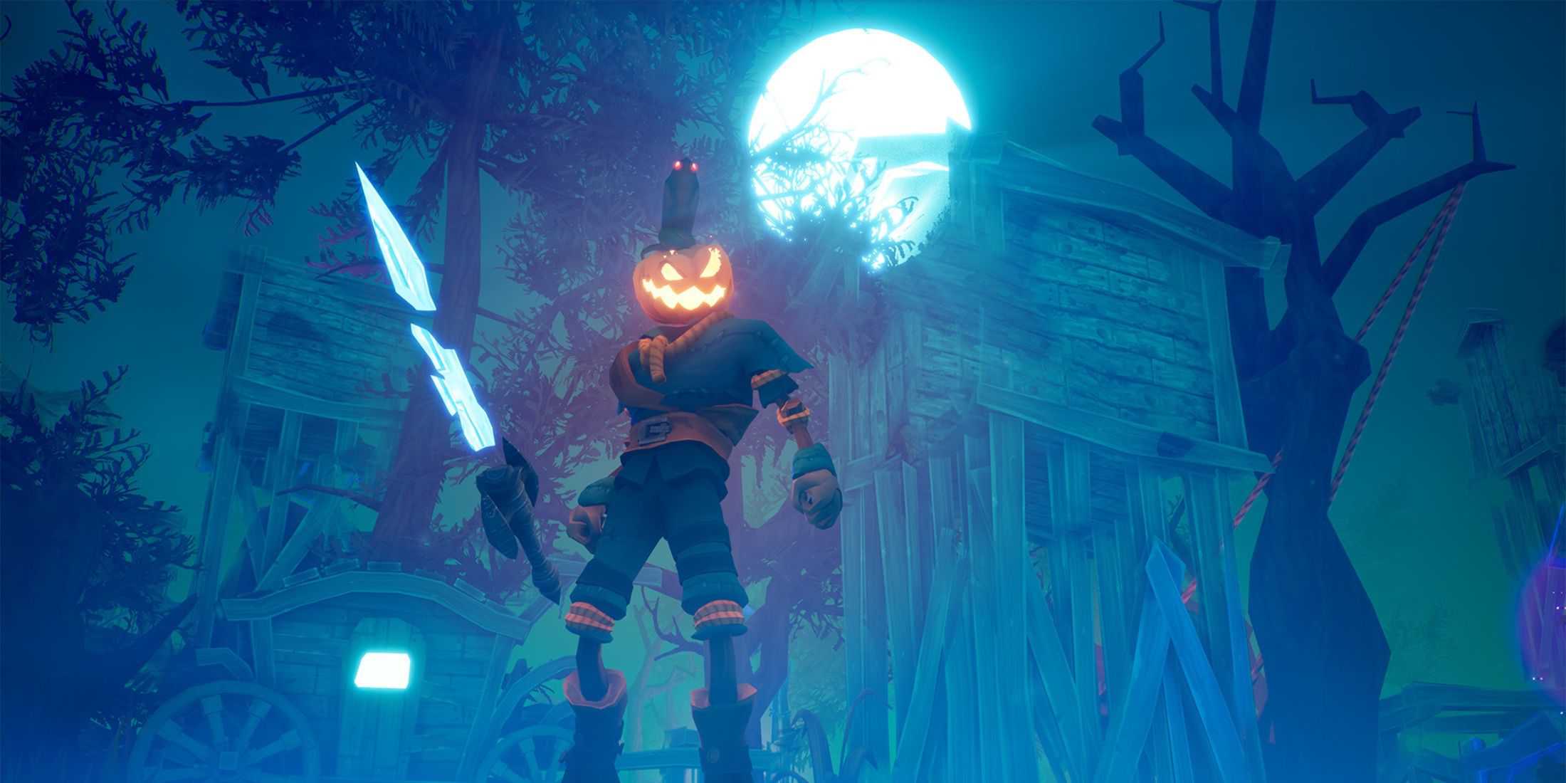 Pumpkin Jack standing with a blue glowing sword and an owl on his head