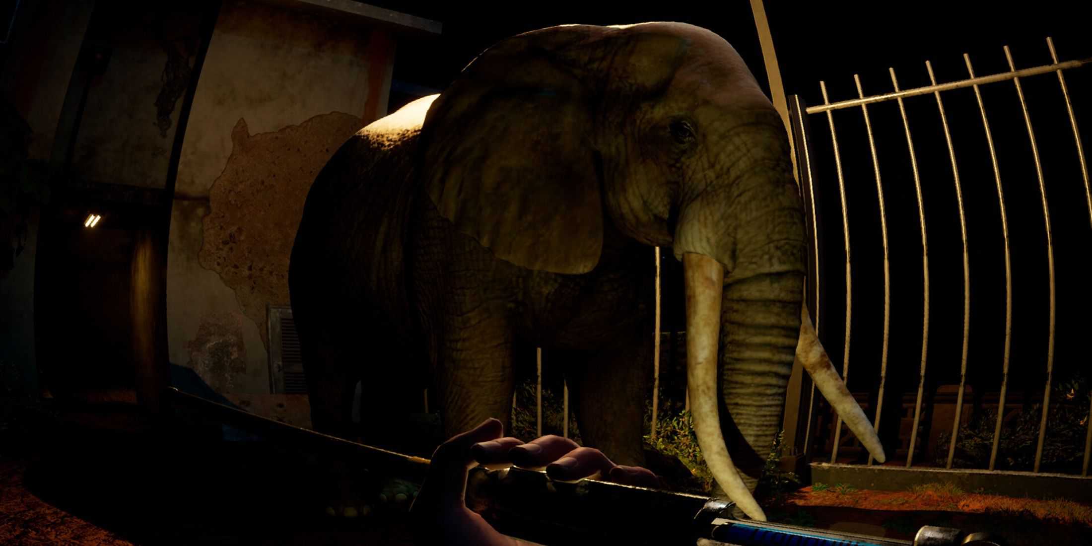 The player holding a shotgun in front of an elephant