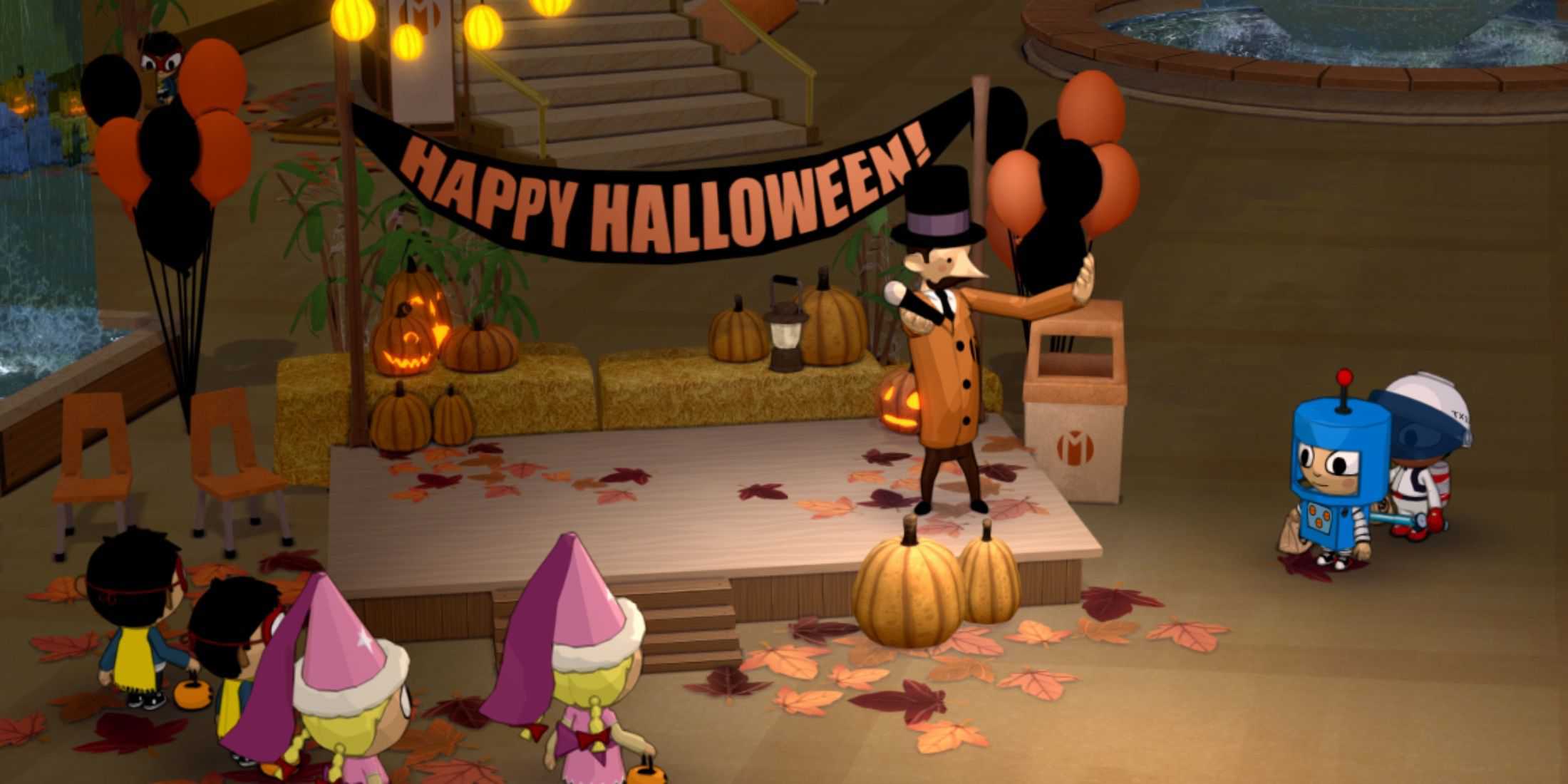 The mayor stands on a stage holding a microphone with a 'Happy Halloween' banner overhead