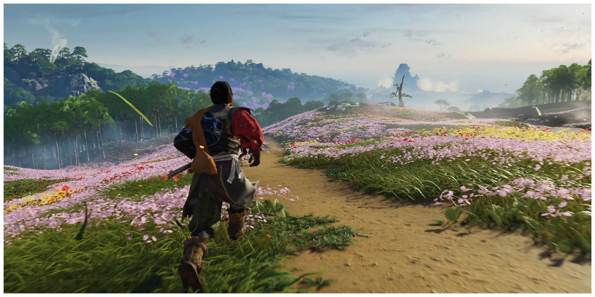 Ghost of tsushima main character running through a flower meadow