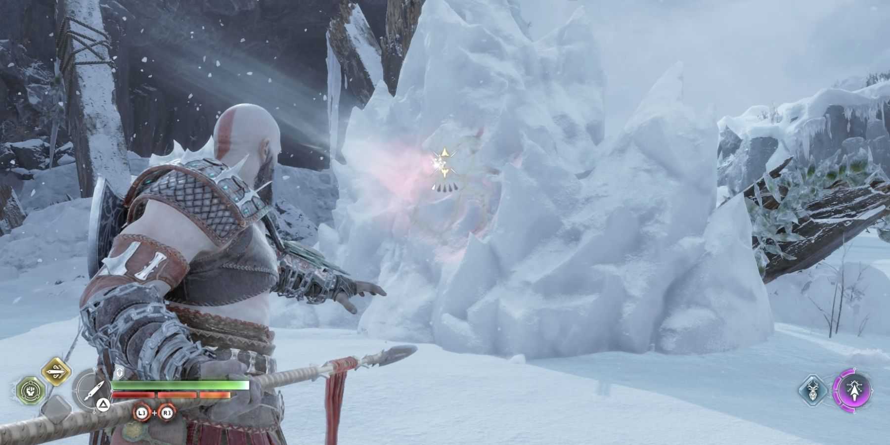 Kratos aims the Draupnir Spear at a Gold Crack in God of War Ragnarok