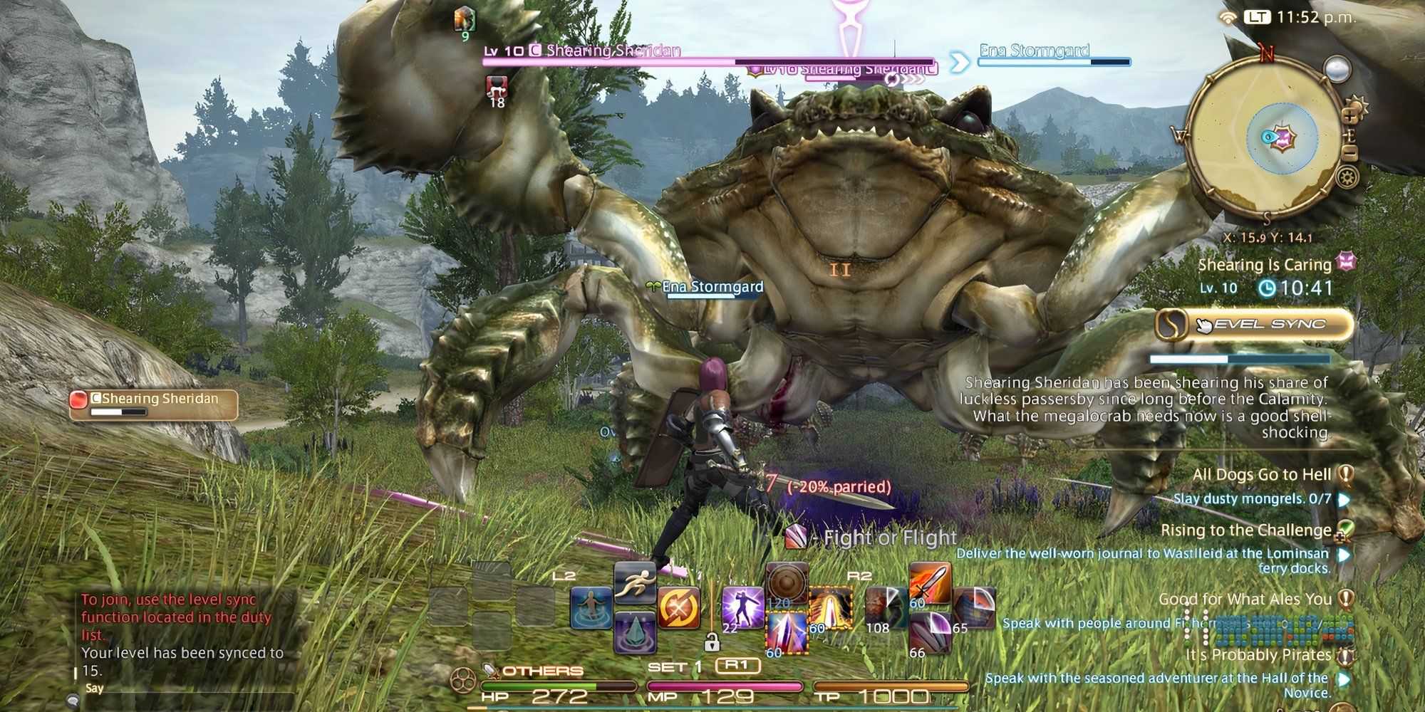 Fighting a giant enemy crab in Final Fantasy 14