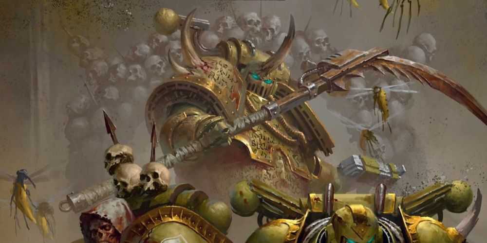 Warhammer 40k: Os fuzileiros navais espaciais do caos mais fortes que não são primarcas Vorx com sua foice poderosa acima dos fuzileiros navais da praga