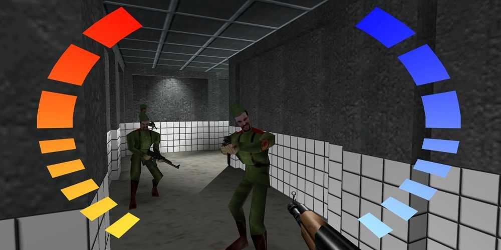 James Bond fighting some enemies in GoldenEye 007 for the Nintendo 64.