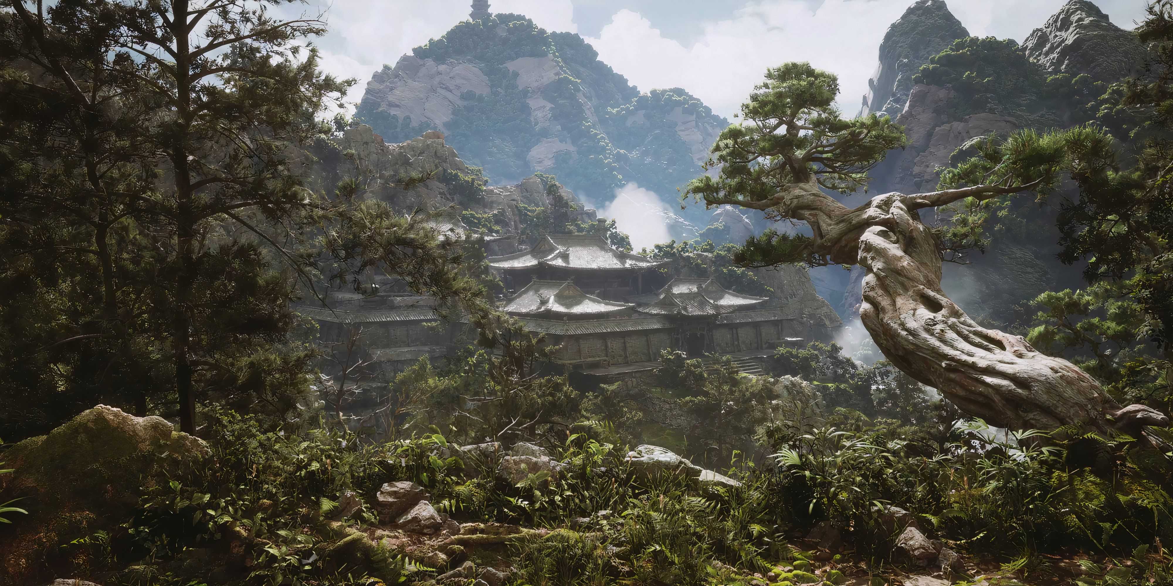 7 Linear Games That Feel Like an Open World An ancient temple in a forest with mountains