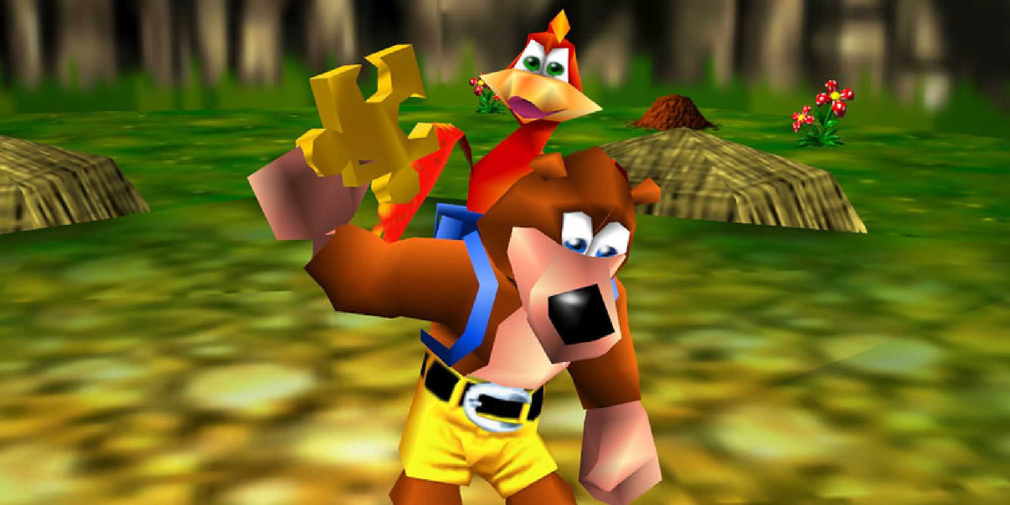 Banjo holding a Jiggy in front of Kazooie in Banjo-Kazooie