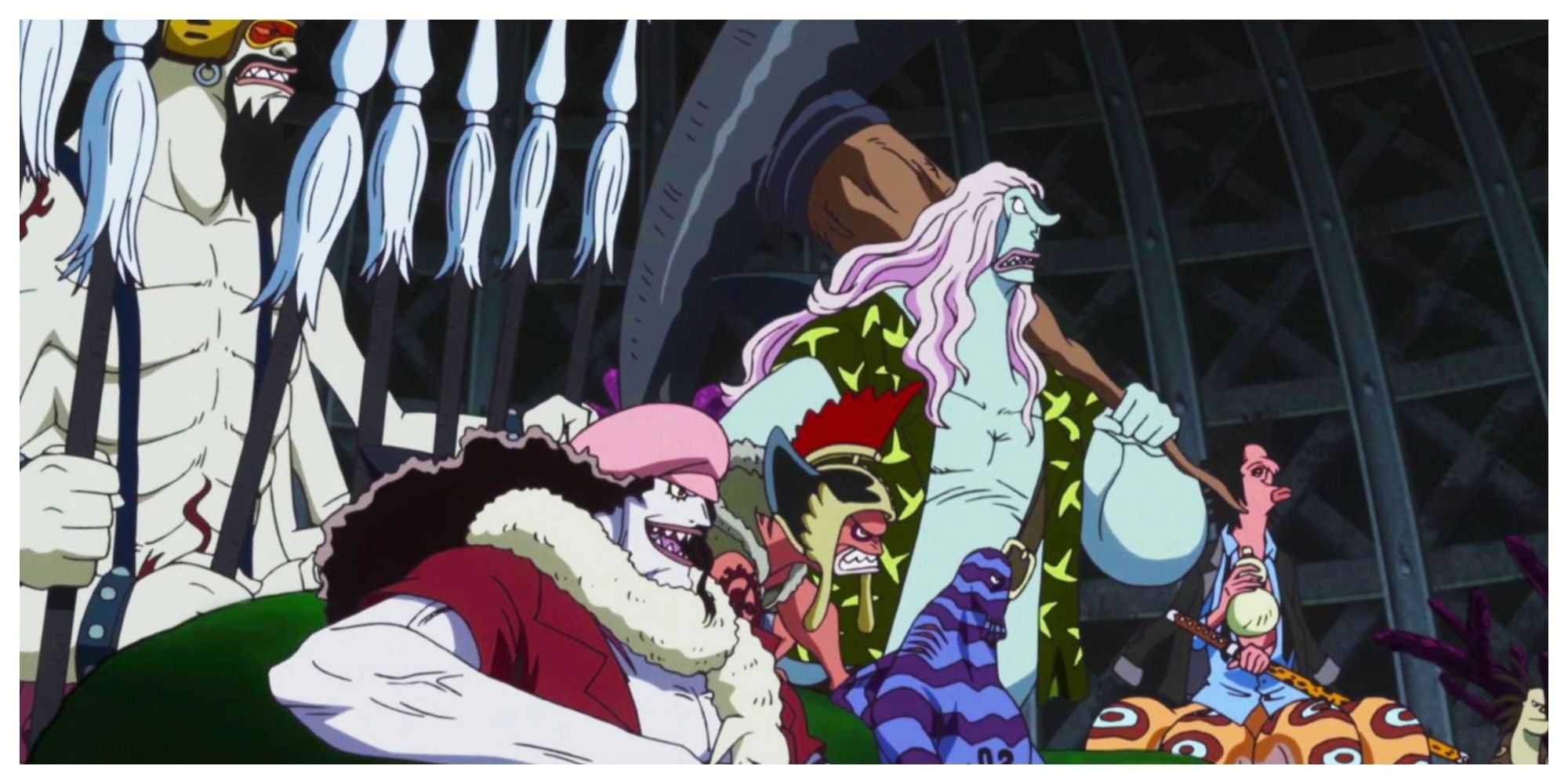 Ikaros, Hody, Daruma, Zeo, Dosun e Hyouzo, oficiais dos Novos Piratas Homens-Peixe, retratados ao lado de um recruta em One Piece