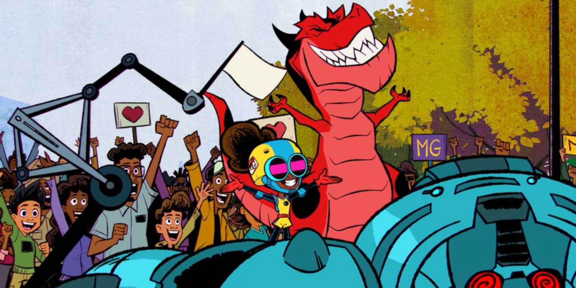 Moon Girl and Devil Dinosaur in a parade