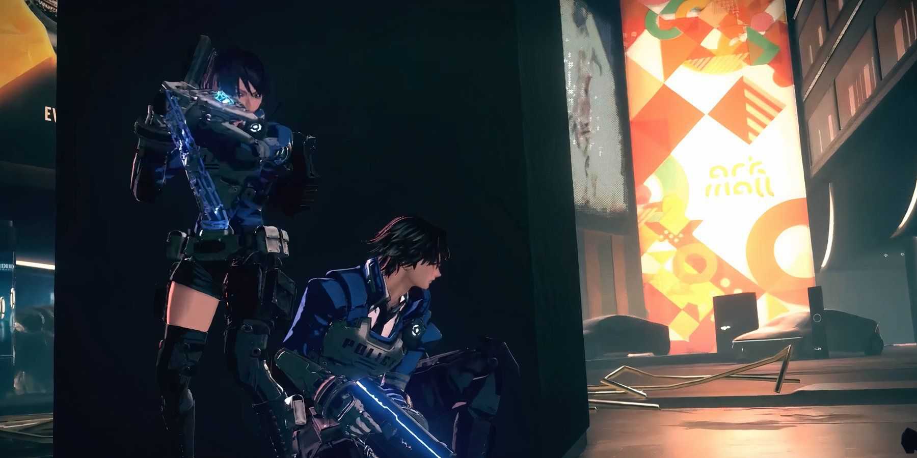 the astral chain twins standing behind a pillar