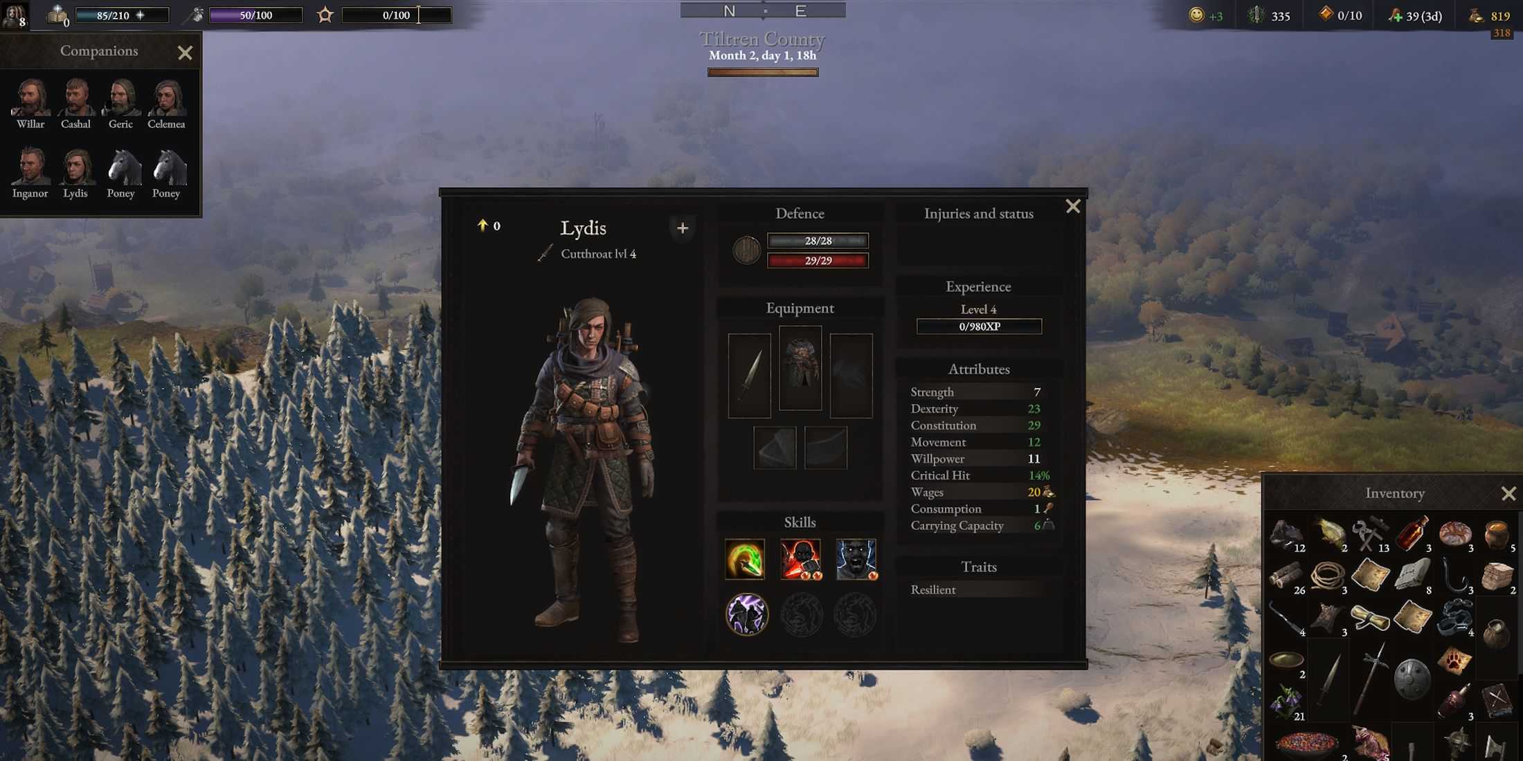 Inventory screen of a mercenary