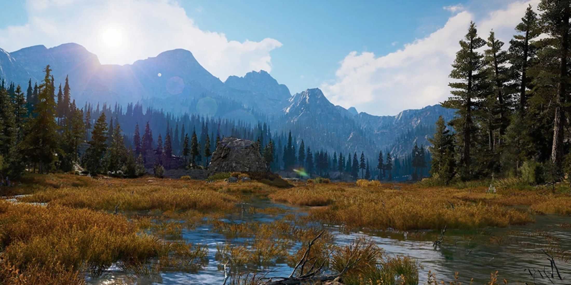 Henbane River in Far Cry 5 dotted with pine trees