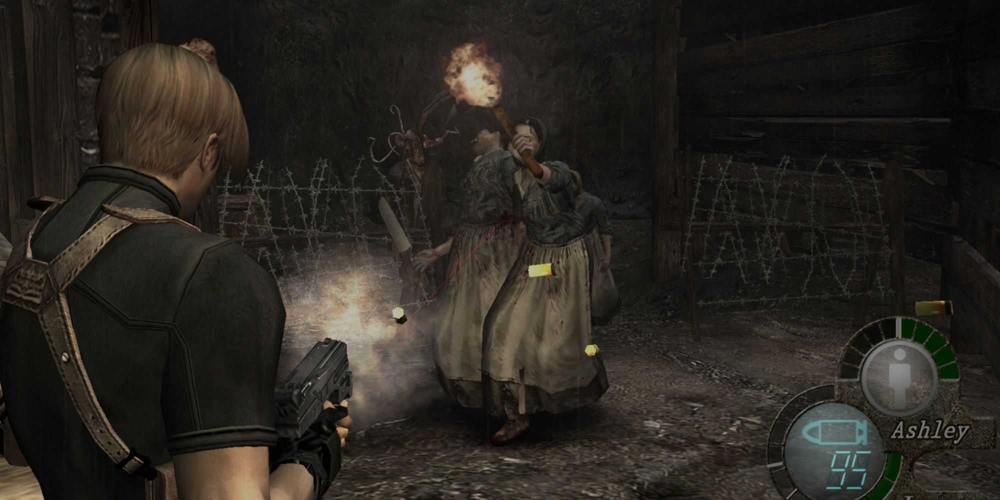 Shooting enemies in Resident Evil 4 (2005)