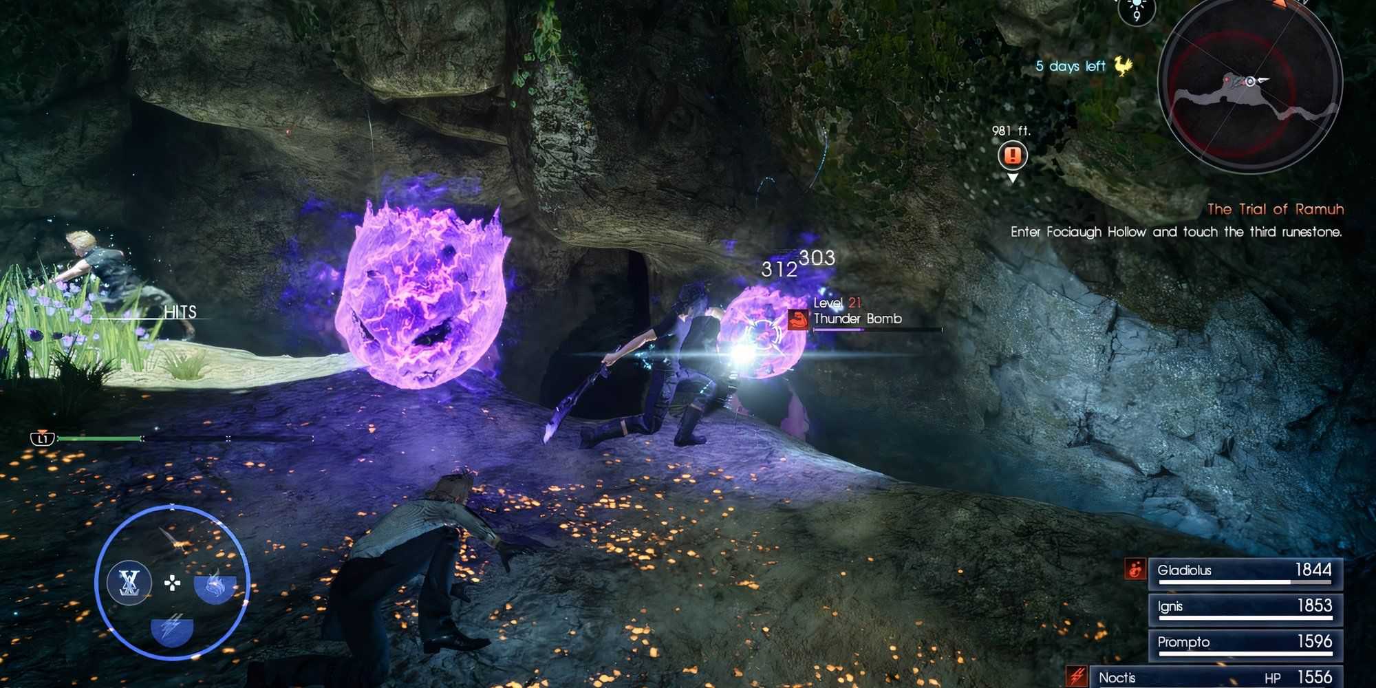 Fighting monsters in a cave in Final Fantasy 15