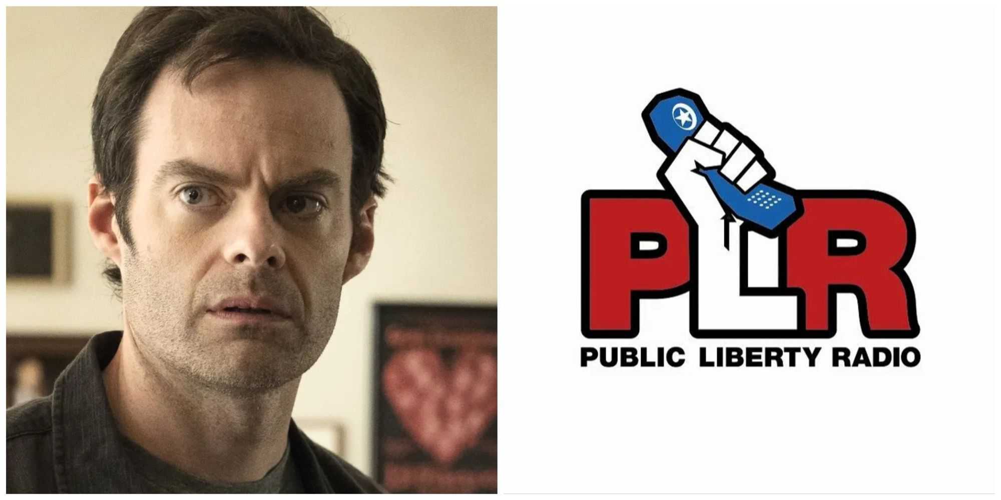 Bill Hader (que interpreta Barry Berkman nesta imagem para o programa Barry) ao lado do logotipo da Public Liberty Radio, estação onde sua voz aparece em GTA 4