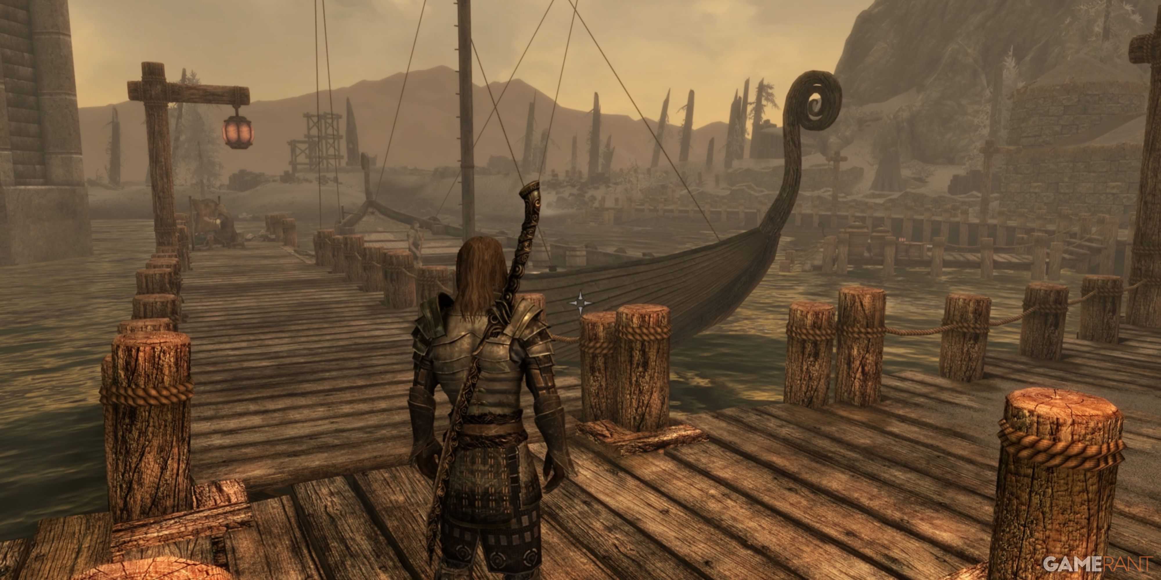 Skyrim player standing at the docks in Solstheim