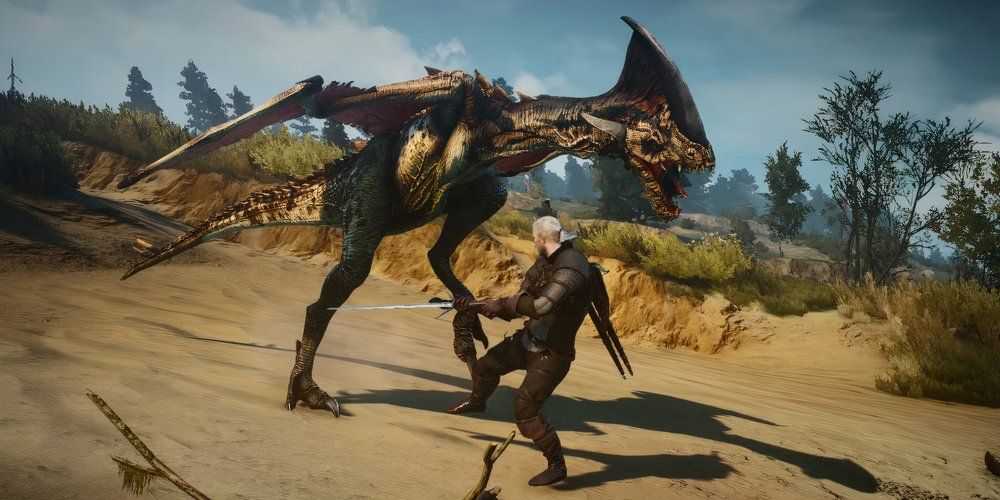 10 Open-World Games With The Best World Boss Battles, Ranked Geralt fighting a large wyvern monster