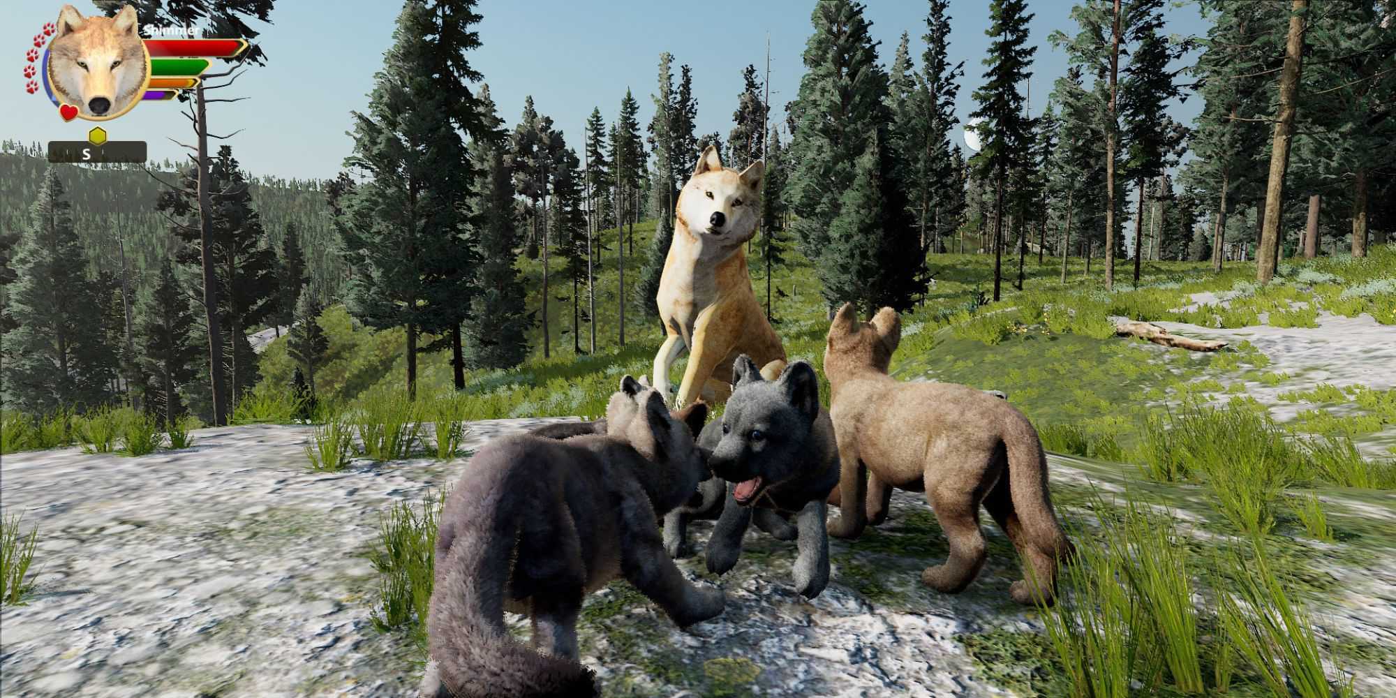 A wolf with their pups in WolfQuest