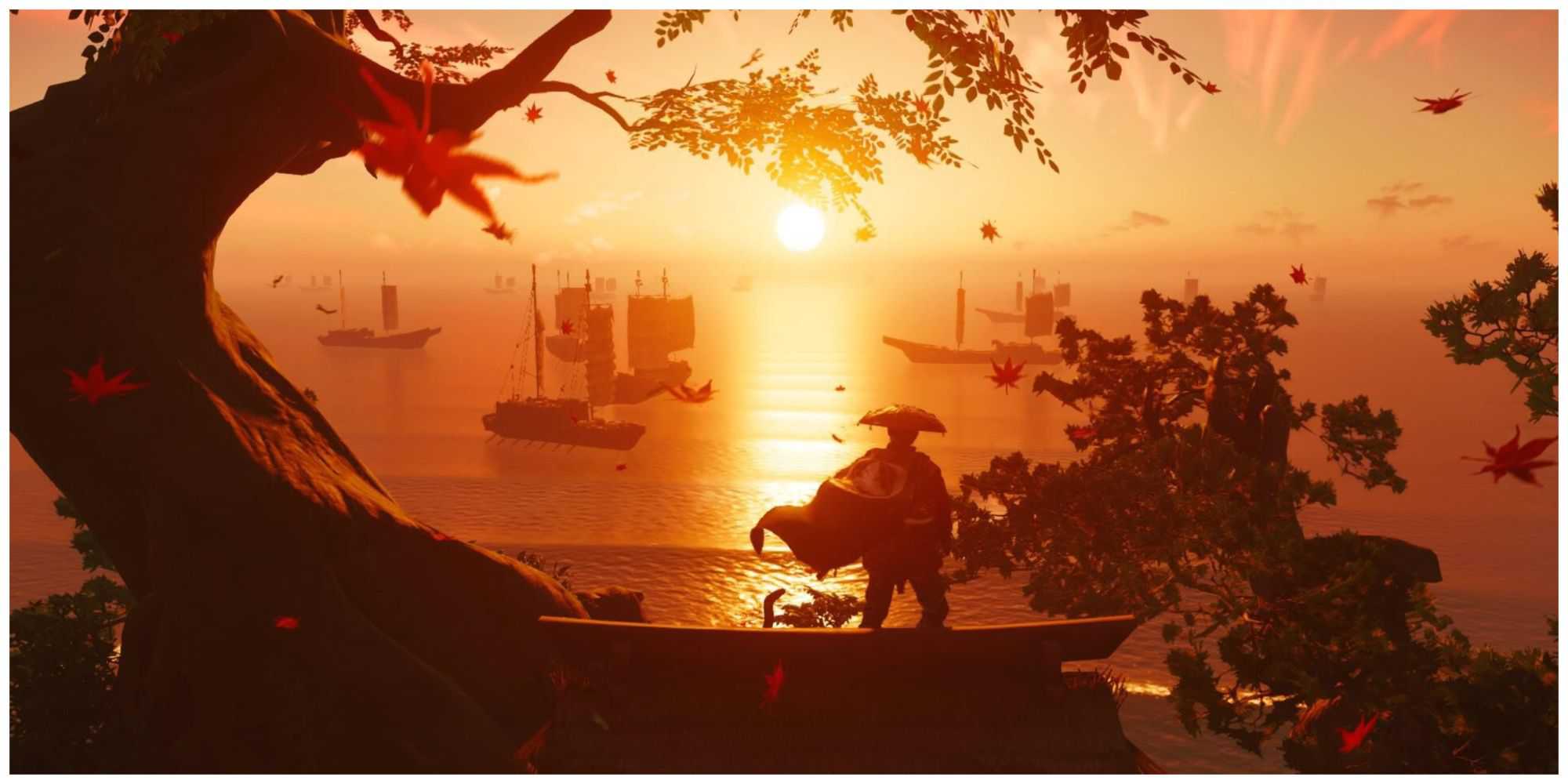 Ghost of tsushima main character looking at the ocean with ships during sunset