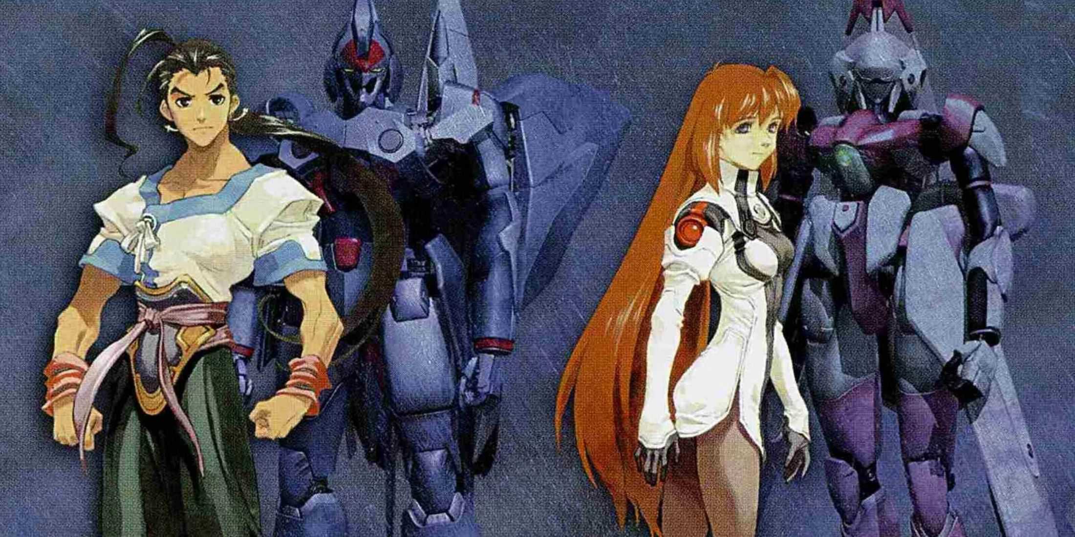 Two Xenogears Characters Standing In Front Of Their Gears